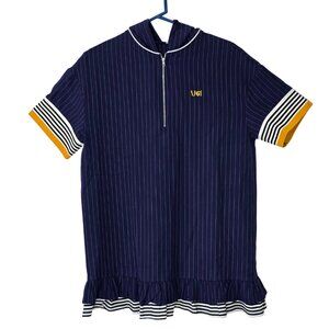 Blue w. White Pinstripe & Yellow Trim Dress w. Ruffle Trim & Hoodie Size Small